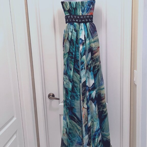 La Famme Long Maxi Multi Color Tropical Sz 0-Strapless Beaded Floral Waist Dress - Picture 8 of 15